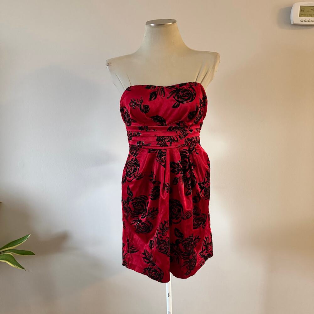 Y2K 2000s Red Dark Floral Strapless Mini Dress Sz L Whimsygoth Prom Grunge